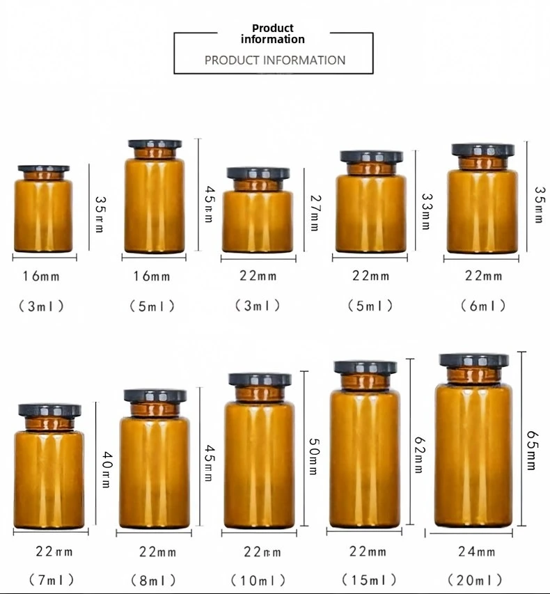 Amber vial size chart from 3ml to 20ml — 3ml vial dimensions for 6-piece peptide storage box